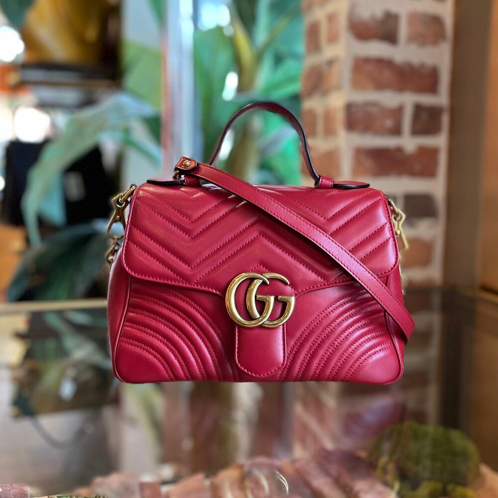 GUCCI Marmont Small Red Quilted Leather Top Handle Bag